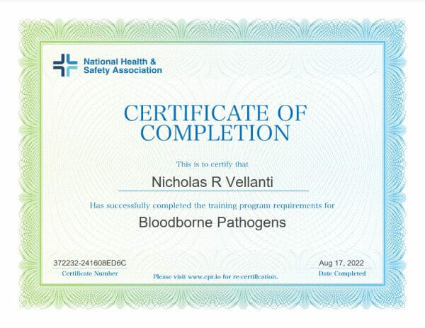 National Health and Safety Association Certified - Nicholas