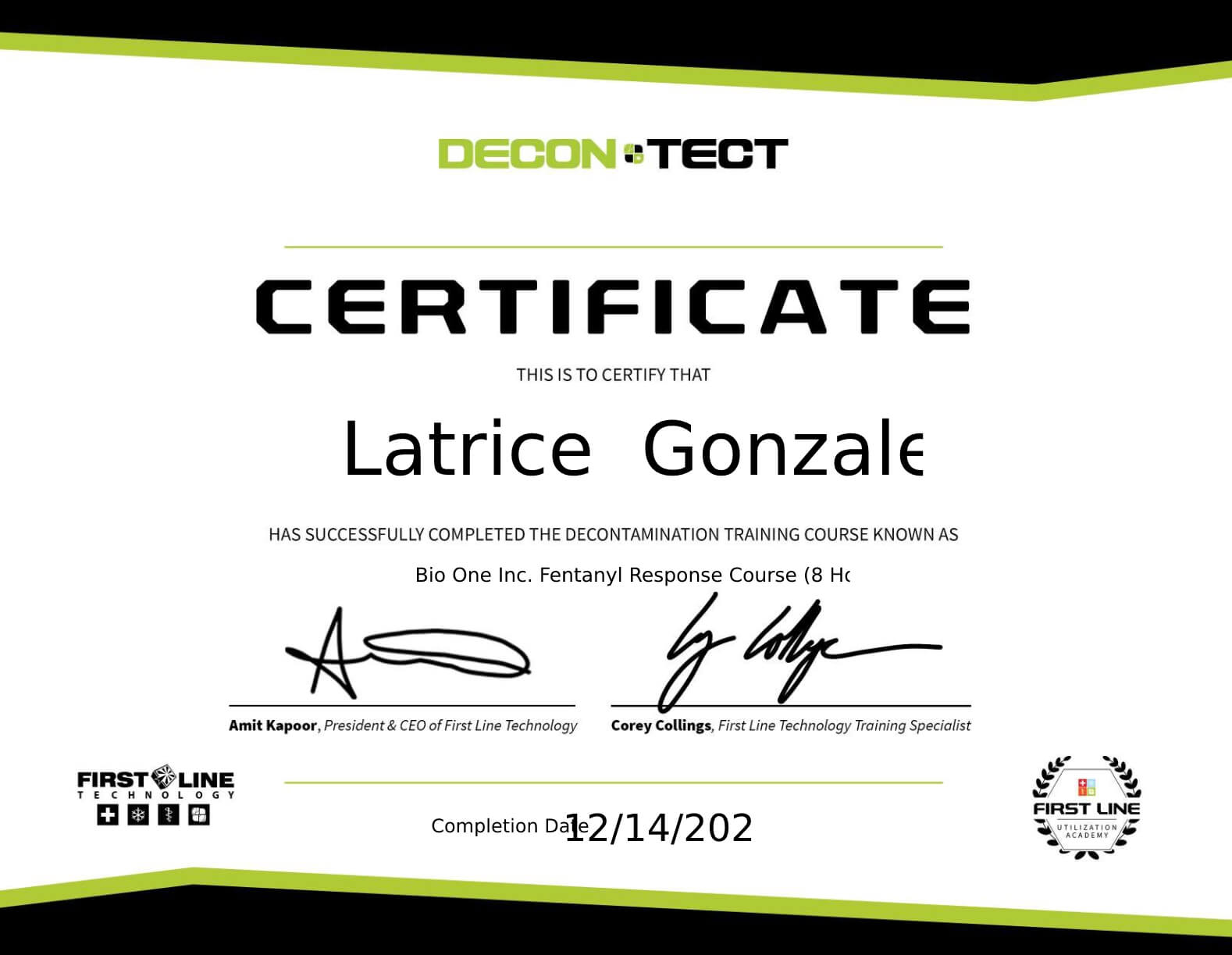 Decontec Fentanyl Response Certificate