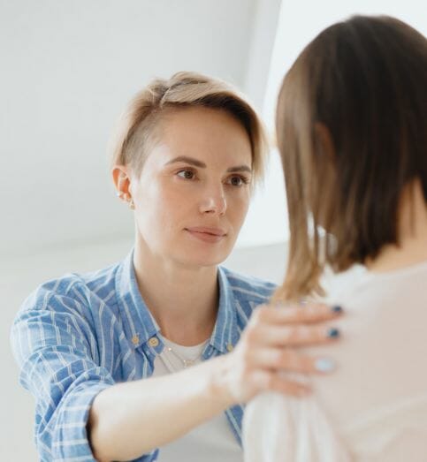 Mother talking to child